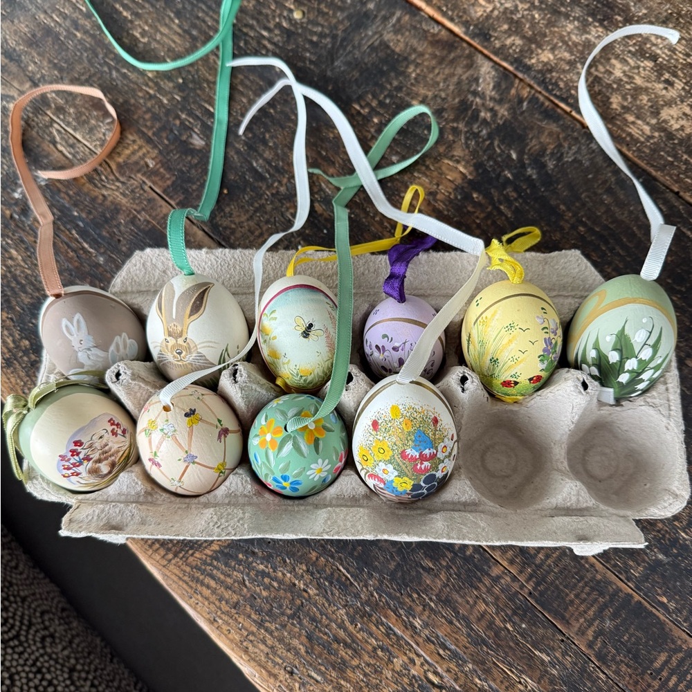 Hand-Painted Decorative Easter Egg Ornaments - Pastel Floral & Bunny Set